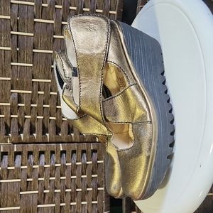 Fly London Yogo Leathet Gold Cross-strap Wedges